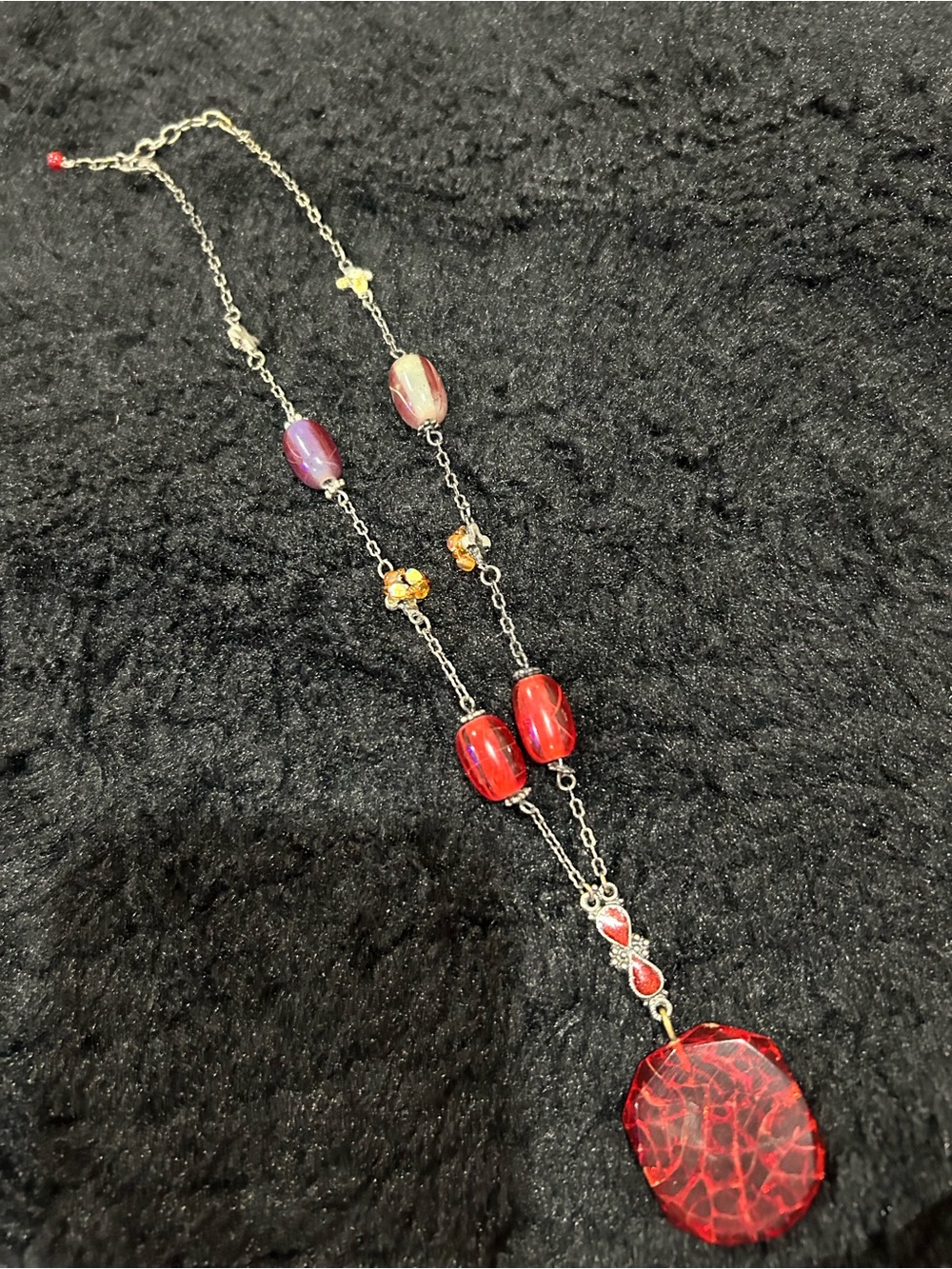 American Vintage Red Glass Pendant Necklace with Multicolored Beads